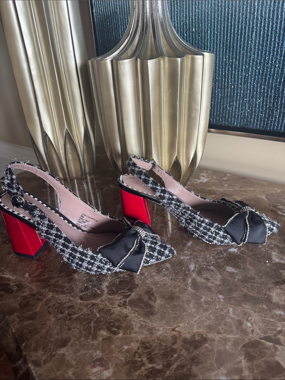 Betsey Johnson Black Bow Pointed Slingback Heels with Rhinestone Trim - Picture 3 of 5
